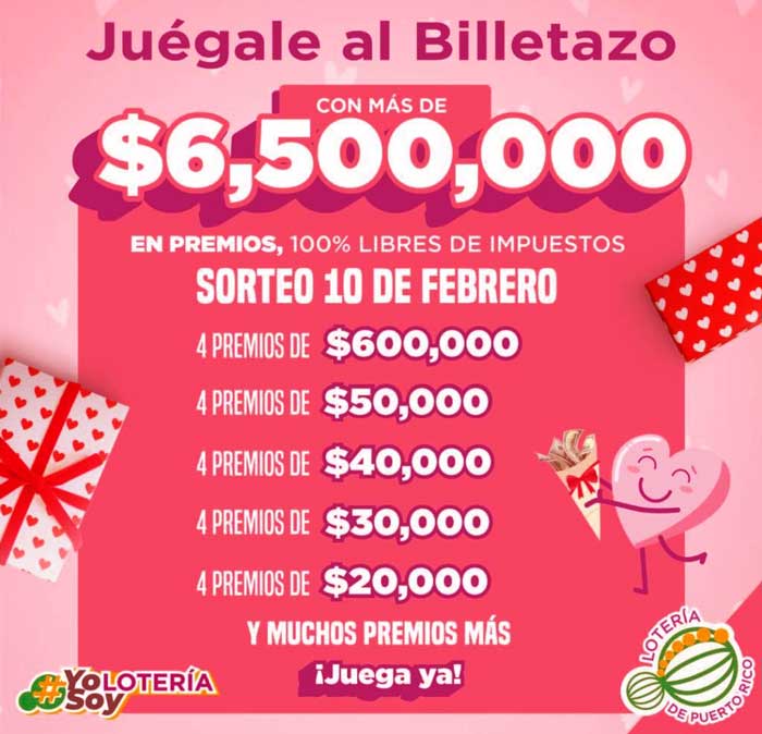 No te pierdas el sorteo el billetazo de los enamorados para el 10 de febrero.